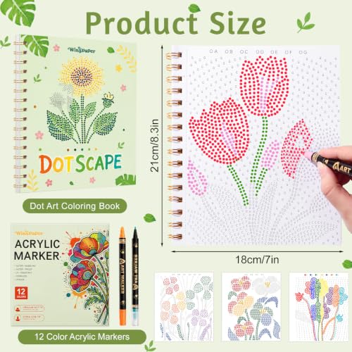 Coloring Book for Adults Dot Marker Set, 1 Pad & 12 Acrylic Paintbrushes | Single-sided tear-out pages with varied dot art themes for portable creative downtime