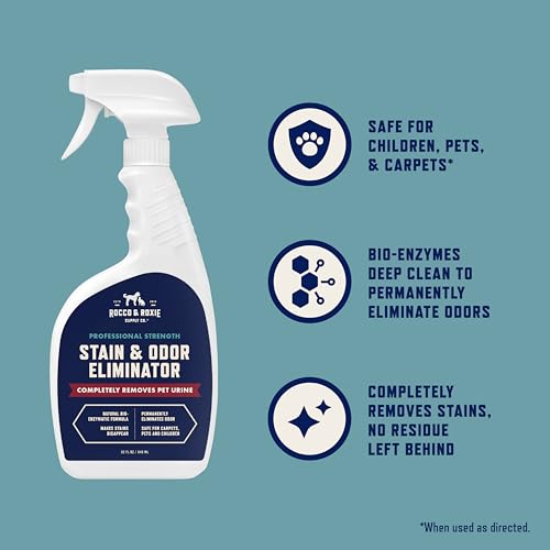 Rocco & Roxie Enzyme Stain & Odor Eliminator, 32 Fl Oz | Bio-enzymatic urine destroyer; CRI Certified Safe; made in USA; for carpets, bedding, litter boxes, crates & cars
