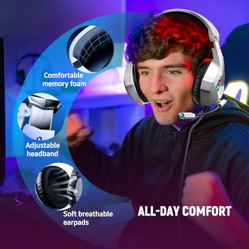 Ozeino Gaming Headset for PC, Ps4, Ps5, Xbox Headset with 7.1 Surround Sound Gaming Headphones with Noise Canceling Mic, LED Light Over Ear Headphones for Switch, Xbox Series X/S, Laptop, Mobile White