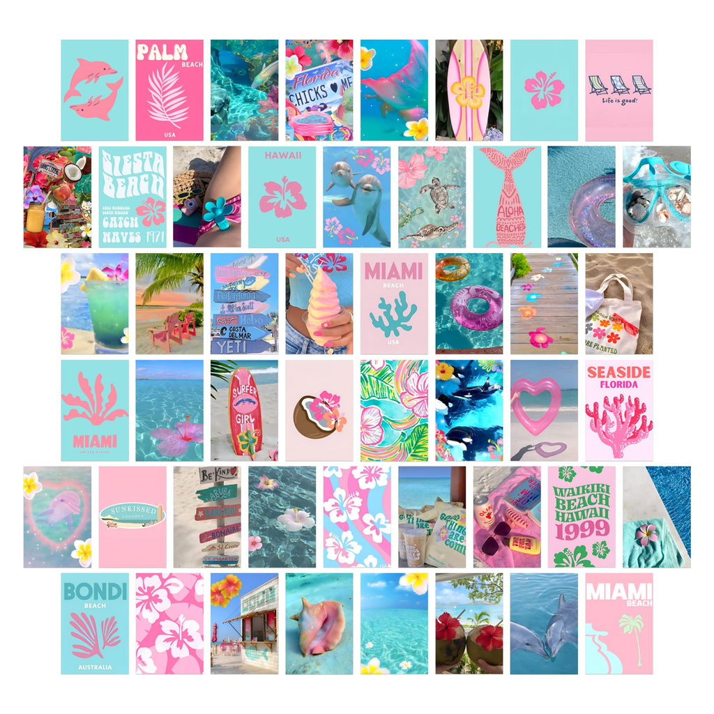 NEXVQRAZ Coastal Granddaughter Room Decor, Pink and Blue Wall Collage Kit 50 Pcs, Beach Wall Art Prints for Bedroom, 4"x6" Coastal Cowgirl Photo Collage Kit Pictures, Coconut Girl Posters Dorm Decor