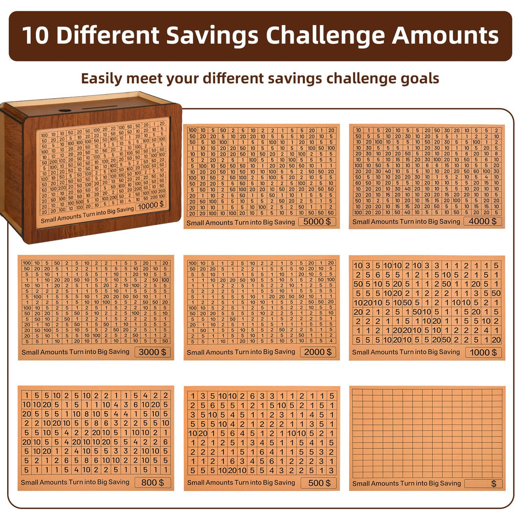 10000 Kakeibo Wooden Money Saving Challenge Box Cash Vault Piggy Bank for Adults Kids Savings Goals Smash Box Saver (10 Amounts)