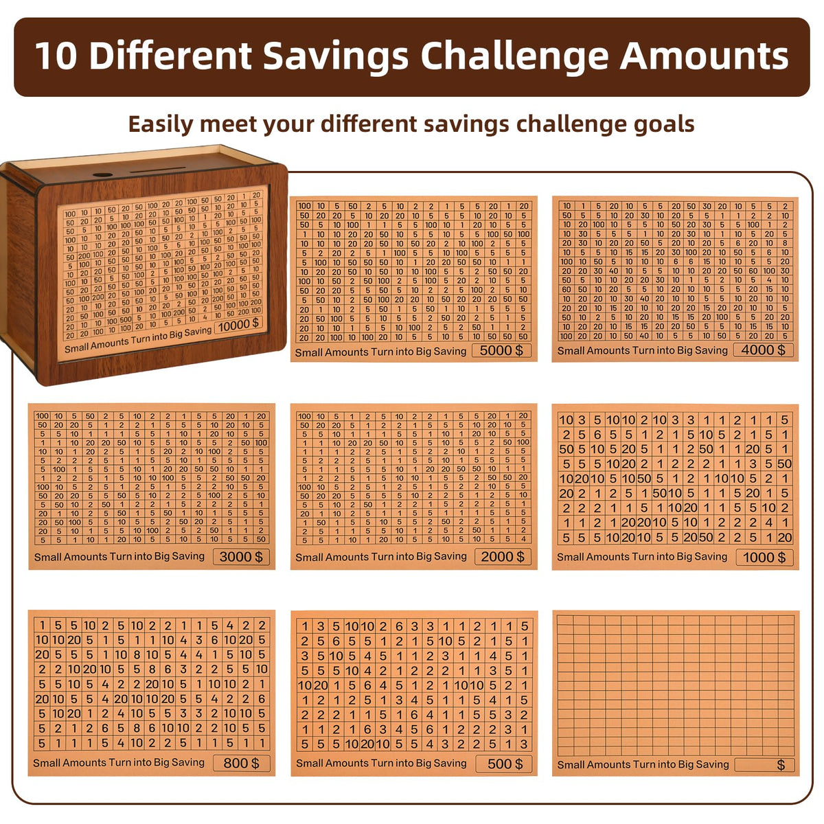 10000 Kakeibo Wooden Money Saving Challenge Box Cash Vault Piggy Bank for Adults Kids Savings Goals Smash Box Saver (10 Amounts)