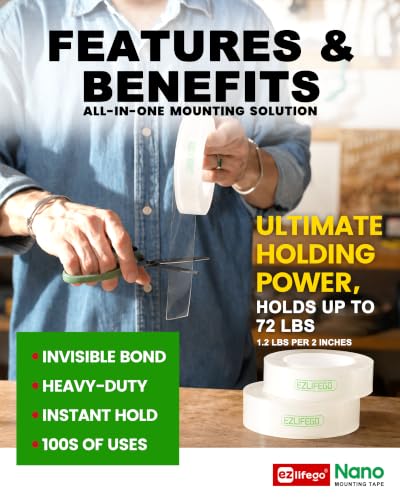 EZlifego Heavy Duty Invisible Bond Nano Double Sided Mounting Tape, 9.85FT | Nano-Tech, Holds up to 72 lbs, All-Purpose, Instant Hold, Industrial-Strength Adhesive, Indoor & Outdoor Decor,Back to School