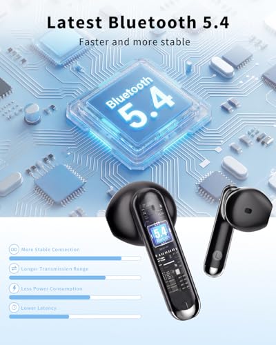 XIAOWTEK Wireless Earbuds, 2026 Bluetooth 5.4 Headphones Bass Stereo Ear Buds with Noise Cancelling Mic, LED Display in Ear Earphones 50H Playtime Ear Buds, IP7 Waterproof for Laptop Pad Phones Black