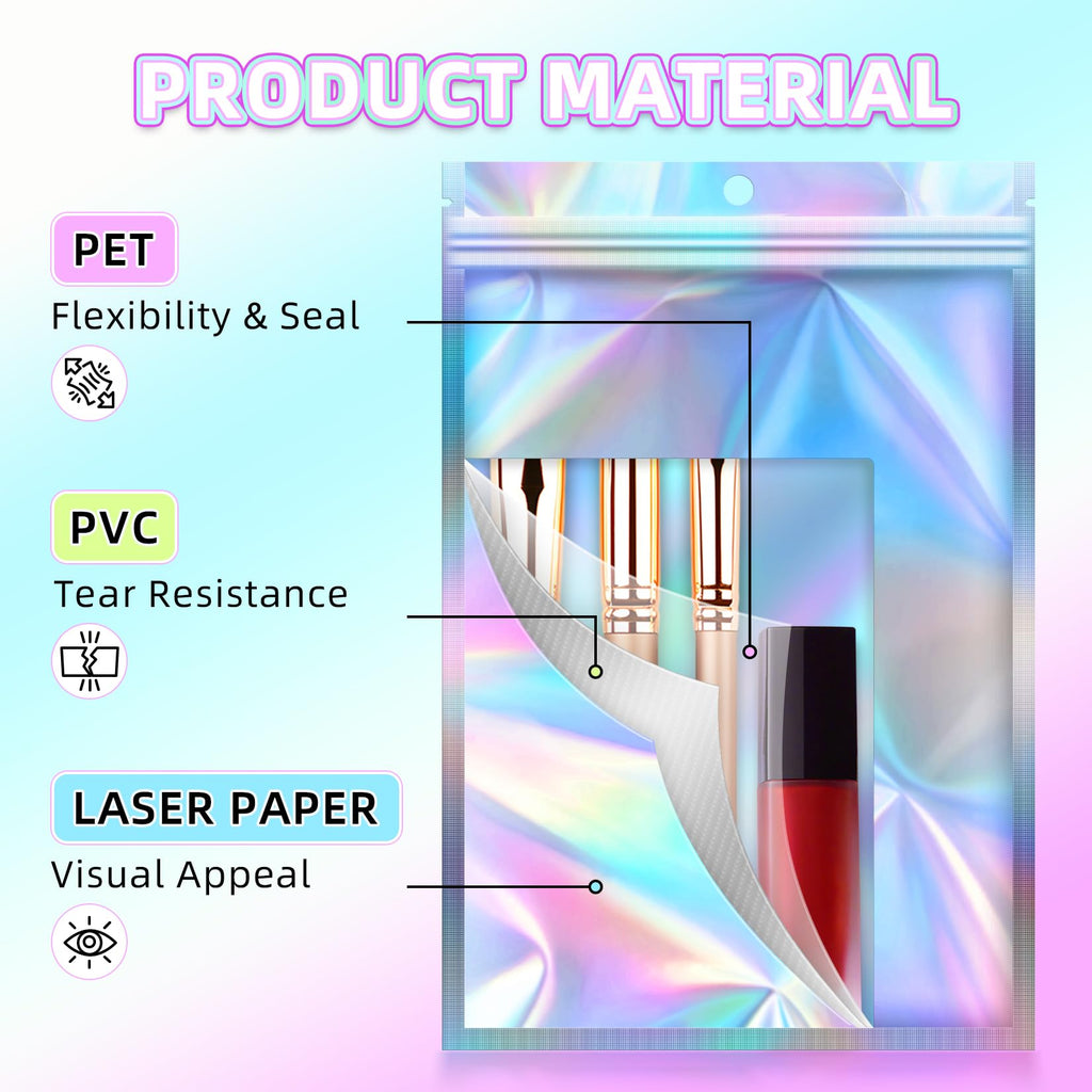 JETMORE Holographic Bags 50 PCS Mylar Bags 6x9" Resealable Embroidery Bags | Smell proof bag for goodie party favor jewelry freshie supplies candy cross stitch floss beads packaging sealable bags
