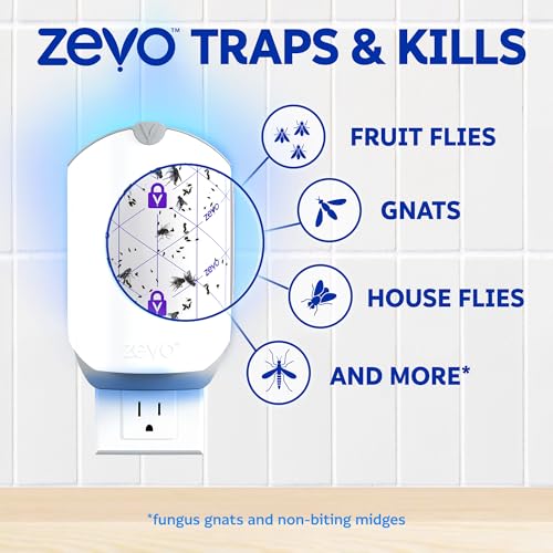 Zevo Flying Insect Trap for Fruit Flies & Gnats, 1 Plug-in Base & 3 Refills | Catches Fruit Flies & Gnats Near Fruit Bowls & Trash Bins, Spray-Free, Odor-Free, Blue & UV Light Trap, Safe for Kids & Pets*