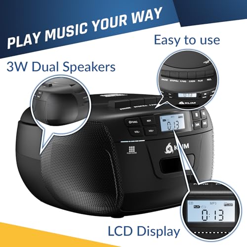CD Cassette Player with Case, Bluetooth Boombox, AM FM Radio, USB Drive | 3W Stereo Speakers, Song Programming Included, Remote Operates Up to 6 Metres Away - Black