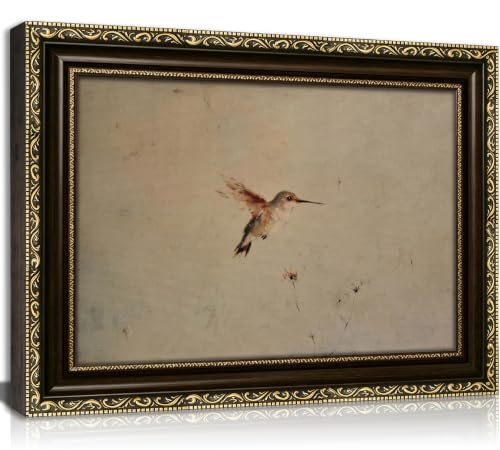 Vintage Gold Framed Hummingbird Minimalist Neutral Oil Painting Wall Art | Soft vintage oil painting of hovering hummingbird, neutral tone elegant wall decor for bedroom