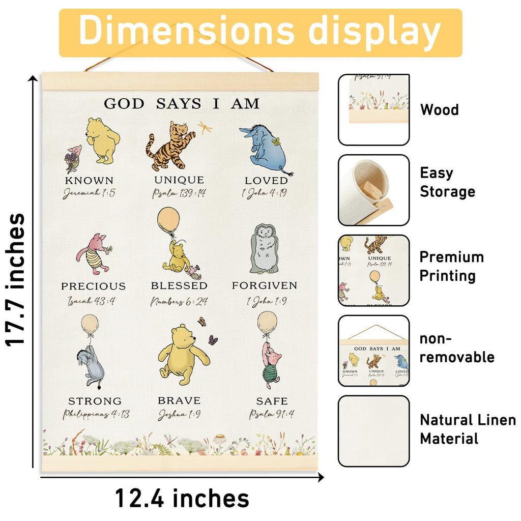 Winnie Biblical Affirmations Wall Art, The Pooh Canvas Wall Art Painting for Room, Wooden Hanging Rod Religious Gifts, Nursery Decoration For Boy or Girl