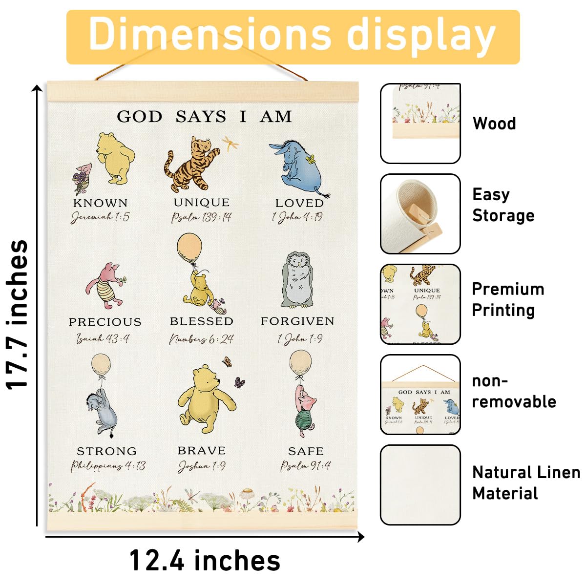 Winnie Biblical Affirmations Wall Art, The Pooh Canvas Wall Art Painting for Room, Wooden Hanging Rod Religious Gifts, Nursery Decoration For Boy or Girl