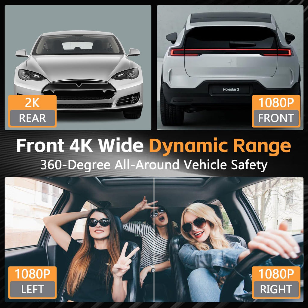4 Channel 360° Dash Cam Front and Rear Inside, 64GB Card Included | 4K+1080P*3 FHD Car Camera, 5GHz WiFi/App Control 8 IR Lamps Night Vision 24H Parking Mode G-Sensor Loop Recording (Gunmetal)