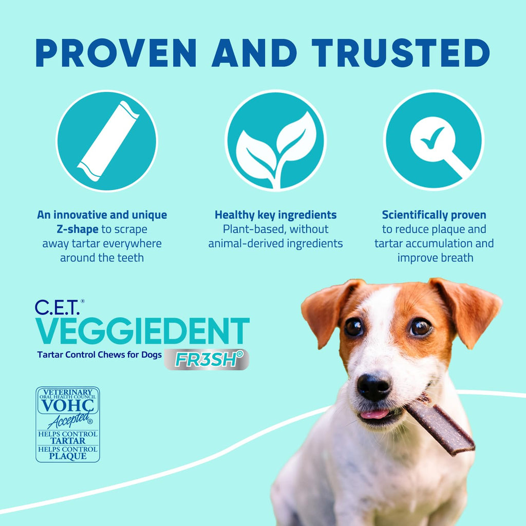 C.E.T. Veggiedent Fr3sh Plaque and Tartar Control Chews for Dogs, Medium | Vet recommended dental chews, plant-based formula, supports canine digestive health, VOHC approved for plaque & tartar