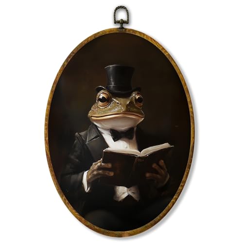 shiviody Vintage Frog Canvas Wall Art Decor, Funny Victorian Frog Gothic Animal Wall Art, Retro Dark Moody Academia Animal Oval Hanging Frame Prints Decorations for Farmhouse Home Dorm 8.6"x11.4"