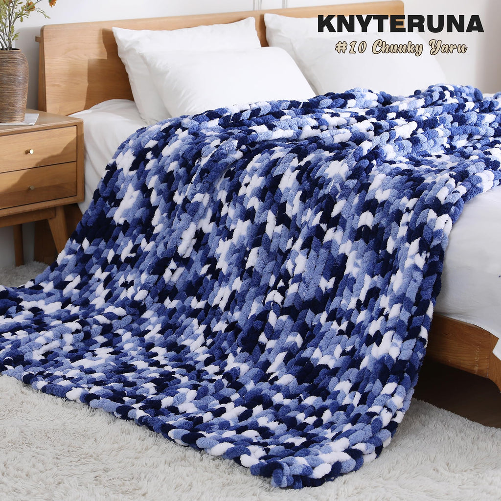 Knyteruna Chunky Yarn for Hand Knitting, #10 Chunky Blanket Chenille Yarn, Large Bulky Thick Jumbo Yarn, Super Chunky Knit Yarn for Crocheting, 8 Skein (8oz,20yds Each Skein), Tie Dye Multi Blue&White