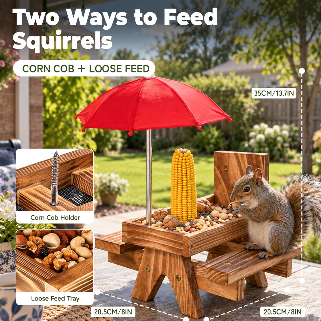 Squirrel Feeder for Outside, Funny Wooden Picnic Table with Mini Umbrella | Solid wood feeder for squirrels and chipmunks, drainage mesh, corn cob holder, feeding area, tree or fence mount