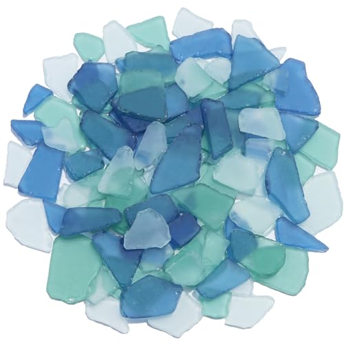 QYGL Sea Glass for Crafts - 14oz Blue Mixed Frosted Seaglass Pieces | Vase Filler and Aquarium Ornament, DIY Craft Supplies for Art, Beach Weddings, and Home Decor