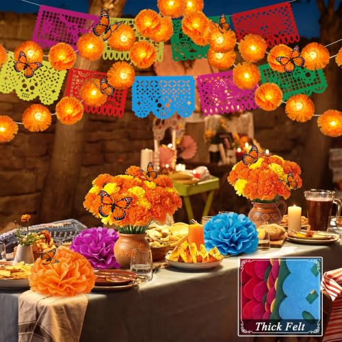 132Pcs Day of The Dead Decor Kit Dia De Los Muertos Decorations Altar Decor | Marigold Garland Light 9 Papel Picado Banners 7 Paper Flowers 50 Marigold Flowers with 50 Stems 15 Butterflies for Diwali
