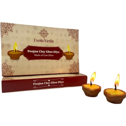 Handcrafted Poojan Clay Ghee Diya Set of 15 - Eco-Friendly Homemade Diya with Premium Cow Ghee Wick for Spiritual Rituals, and Religious Ceremonies, Meditation.