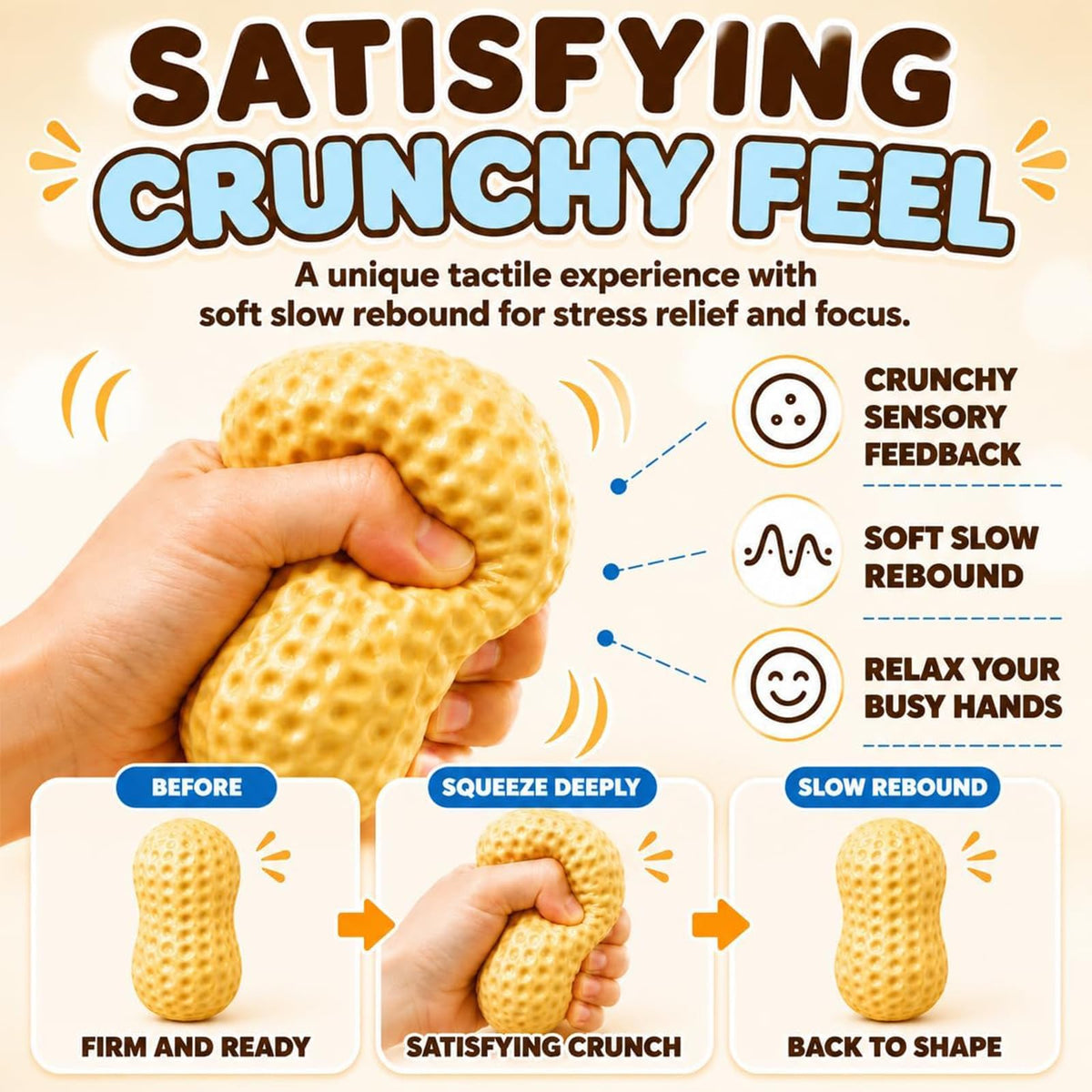 Crunchy Peanut Squishy Toys, Squeeze Fidget Toys for Stress Anxiety Relief | Peanut Squishy Crunchy Realistic Food Shaped Stress Balls, Soft Slow Rising Squishy Party Favors Birthday Gifts Adults Kids