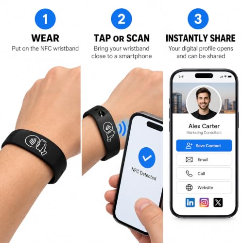 NFC Smart Business Card Wristband, Adjustable (Black) | QR Code, Waterproof Silicone, Tap to Share Contact Info, Works with iPhone and Android