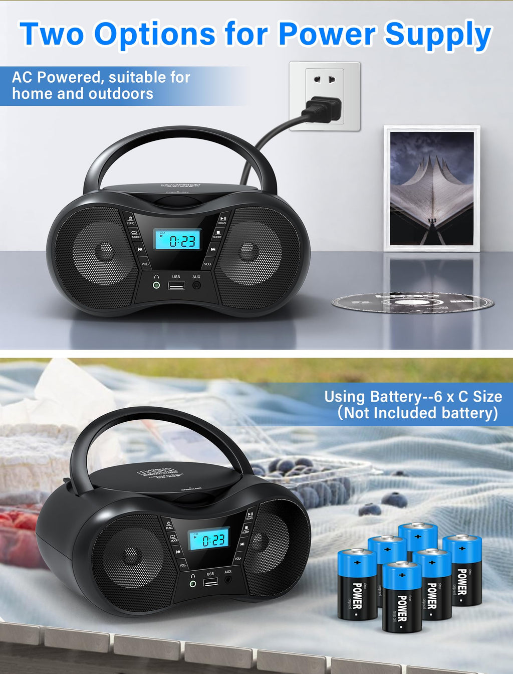 Greadio Portable Boombox CD Players for Home with Bluetooth, Stereo Sound | FM Radio CD Player, Simple Controls, CD/CD-R/RW, Compact, AC/Battery Power, USB & AUX Input Playback, Sleep Timer (Black
