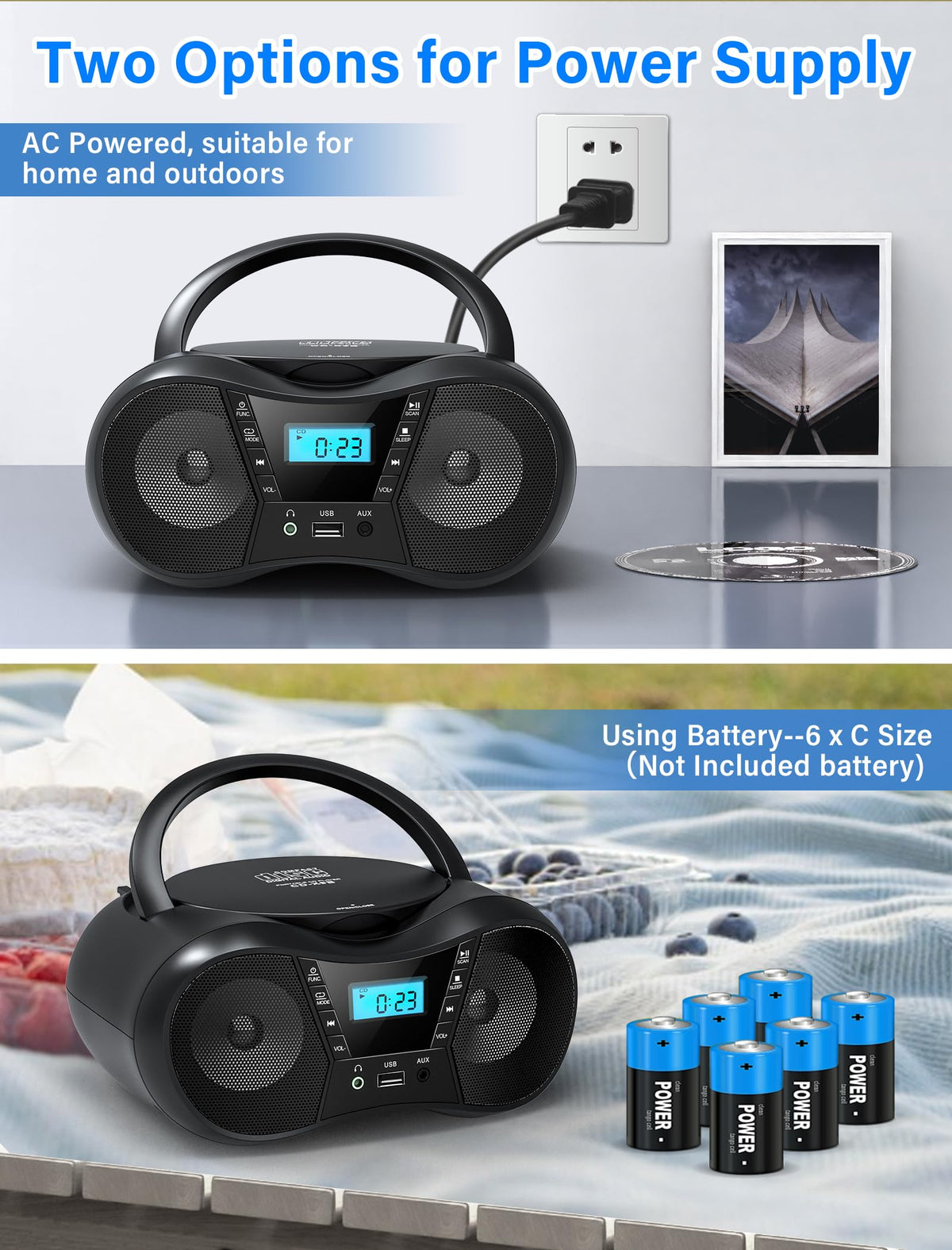 Greadio Portable Boombox CD Players for Home with Bluetooth, Stereo Sound | FM Radio CD Player, Simple Controls, CD/CD-R/RW, Compact, AC/Battery Power, USB & AUX Input Playback, Sleep Timer (Black