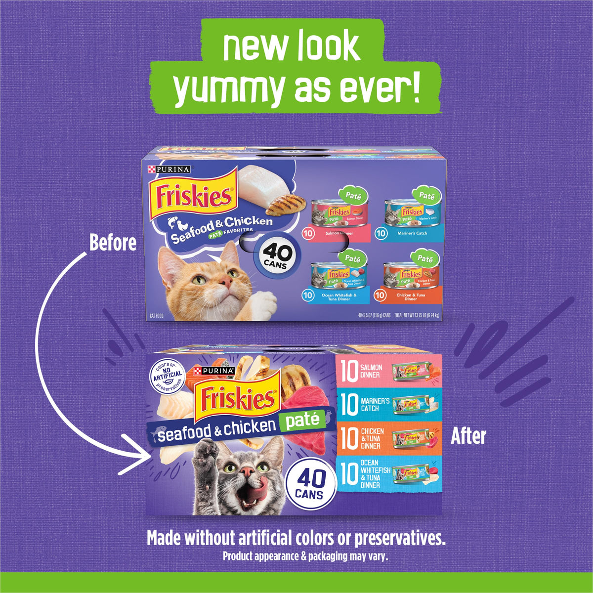 Purina Friskies Pate Wet Cat Food Variety, Seafood & Chicken, (40) 5.5 oz | Moist cat food with real seafood or chicken, smooth easy-to-chew pate texture, 40-count variety pack to stock up