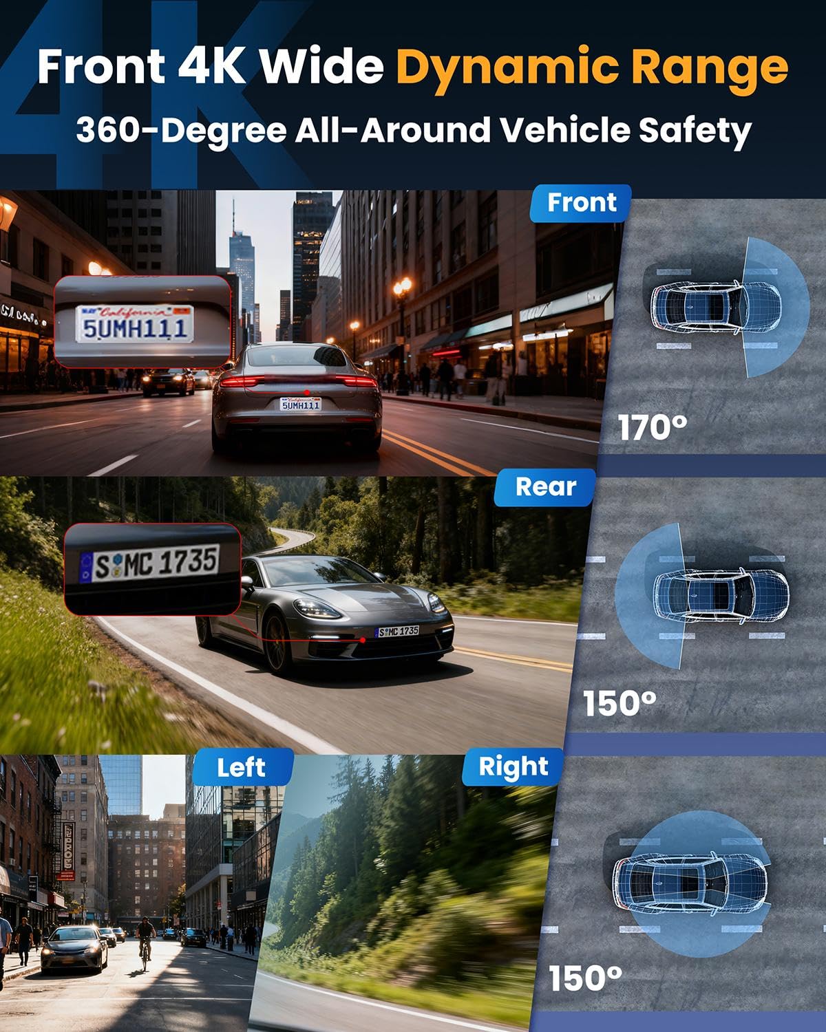 XYGCACO 4K Dash Cam Front and Rear, WiFi Dash Camera for Cars with App | 4K+1080P*3 FHD Dash Cam, 64G Card Included, G-Sensor Emergency Lock, 8 IR Lamps Night Vision, 24H Parking Monitor, Black Gold