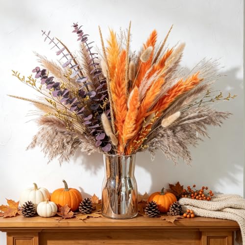 Boho Decor Pampas Grass and Eucalyptus Bouquet | 7Kinds Dried Flowers,pompas grass Dried flowers Arrangement for Centerpiece Table ,Wedding,Home,Room,Rustic Decor