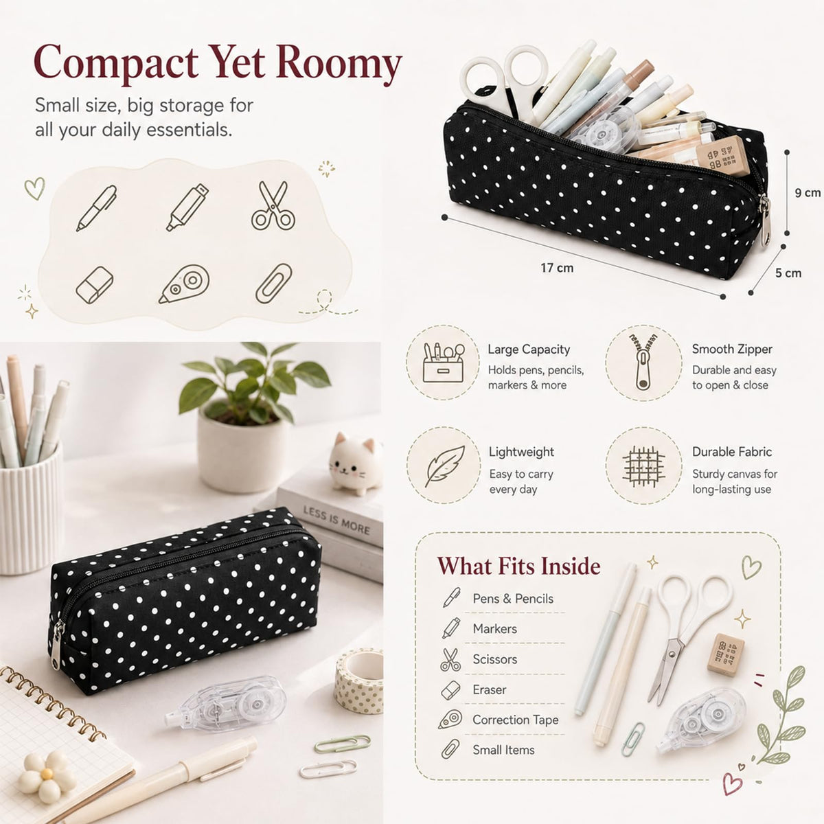 Polka Dot Canvas Pencil Case, Foldable Pouch for Stationery & Makeup, Black | Cute Polka Dot Canvas Pencil Pouch, Large Capacity Soft Aesthetic Pen Case Organizer for Supplies & Daily Use