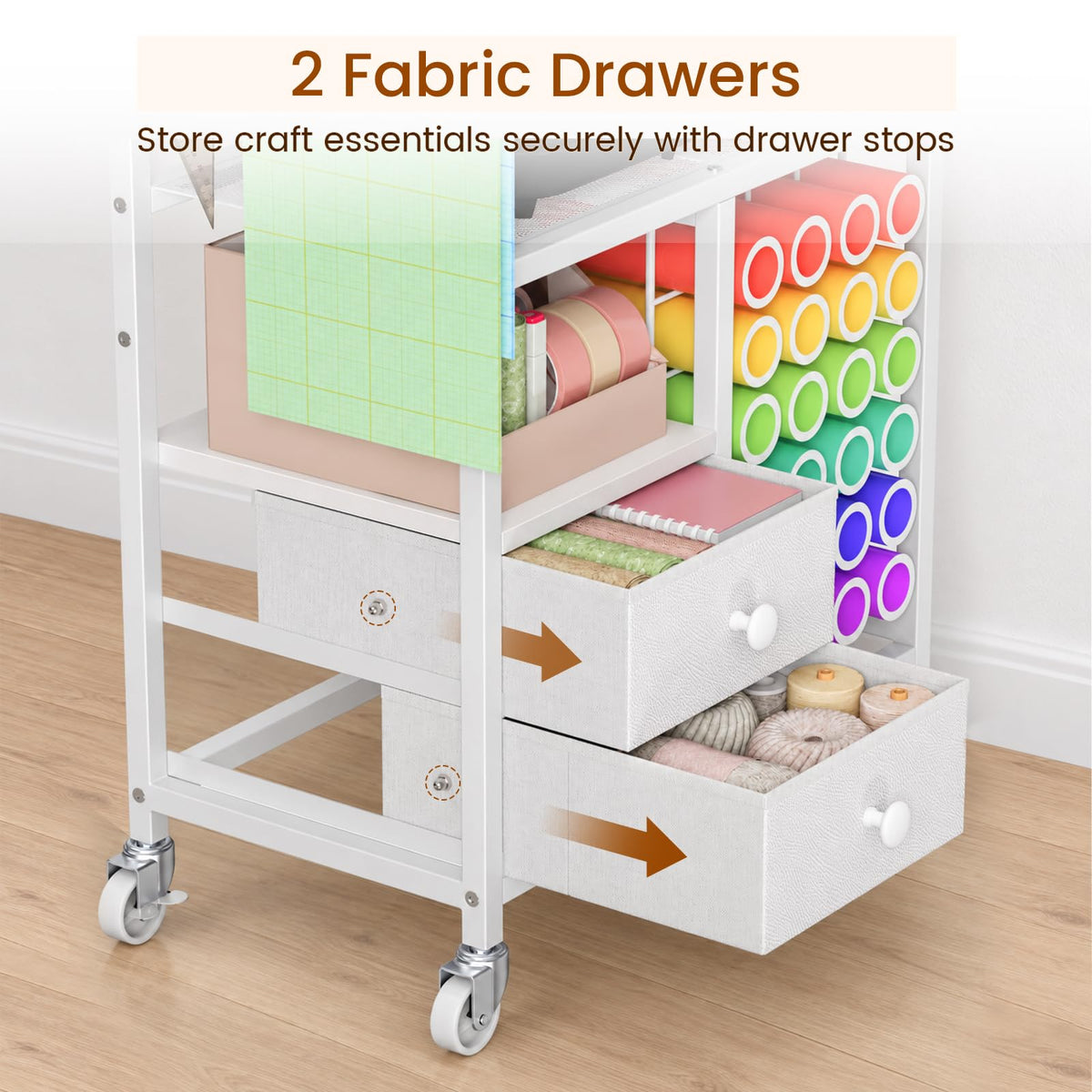 Snughome Rolling Craft Cart for Cricut Machine, Organizer and Storage Stand | 23.6" x 15" Worktop, Large Craft Organizer Cart with 24 Vinyl Roll Holders, 2 Fabric Drawers, 4 Hooks and 4 Silent Casters