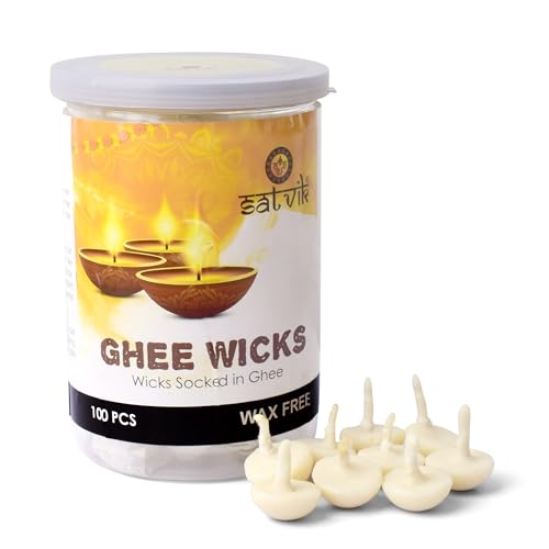 SATVIK Pack of 100 Pure Ghee Wicks for Puja | Ready-to-Use Diya Batti | 30-Min Burn Time | Wax-Free Cotton Wicks | Ideal for Pooja, Meditation, Diwali, and Housewarming Gifts