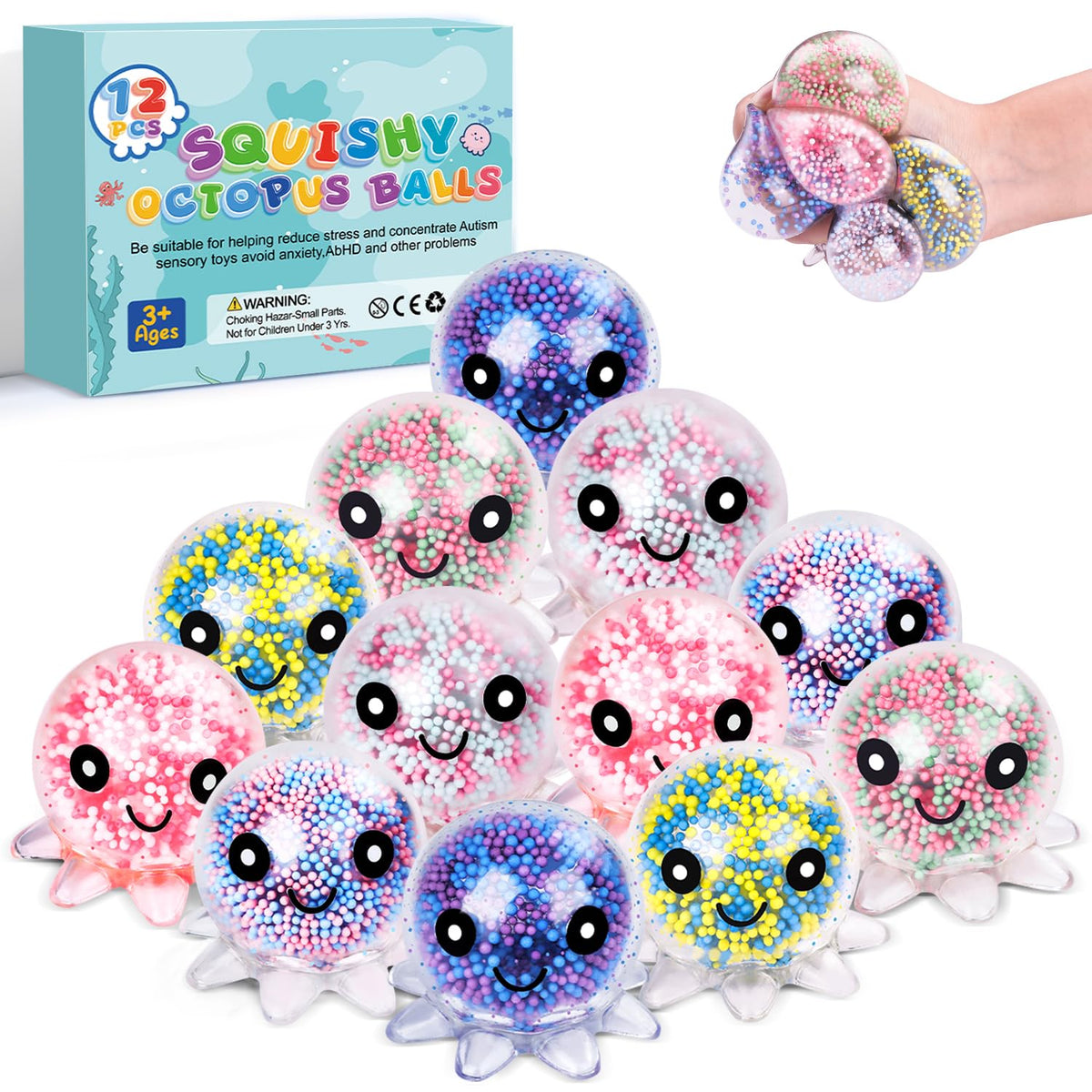 VESPRO 12 Pack Fidget Stress Balls for Adults, Cute Octopus Stress Ball | Features a soft, squeezable texture, Bulk Squishy Squeeze Ball Toys Set for Classroom Prizes and Birthday Party Favors