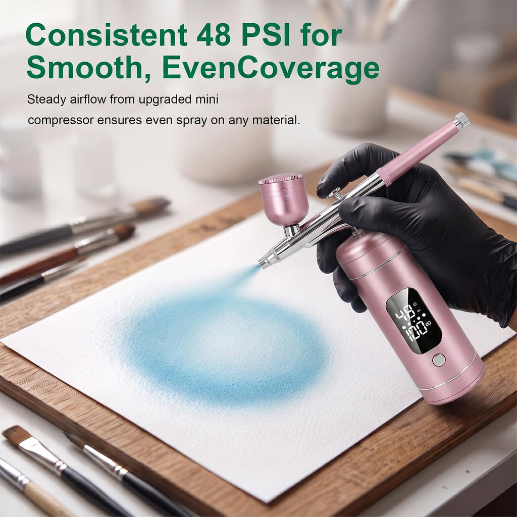 Cordless Airbrush Kit with Compressor, 48 PSI High Pressure, 3-Speed | 950mAh Rechargeable, 0.2/0.5mm Nozzles & 3 Cups, Non-Clogging, for Cake, Models, Makeup, Painting, Nail Art
