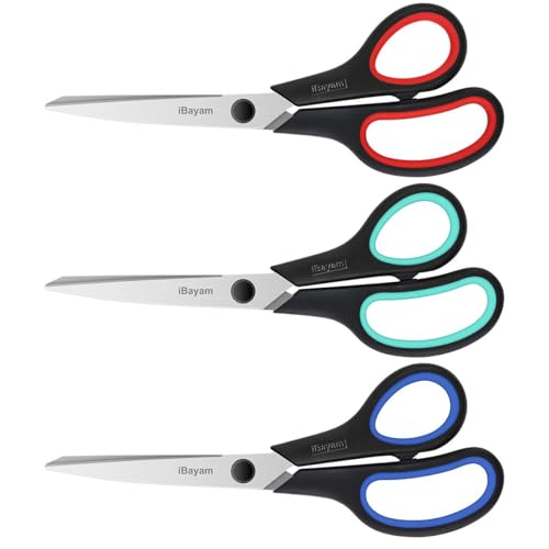 iBayam 8.5" Heavy Duty Scissors All Purpose for Office School Crafts Sewing | 3-Pack, Ultra-Sharp 2.5mm Stainless Blades, Comfort Grip Handles, Left & Right Handed – Teacher Desk & Classroom Must-Have