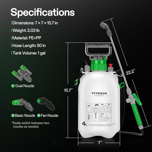 VIVOSUN 1 Gal/4L Pump Sprayer, Garden Water Sprayer | for Plants, Weeds & Lawn Care, with 3 Nozzles, 50'' Long Hose & Pressure Relief Valve