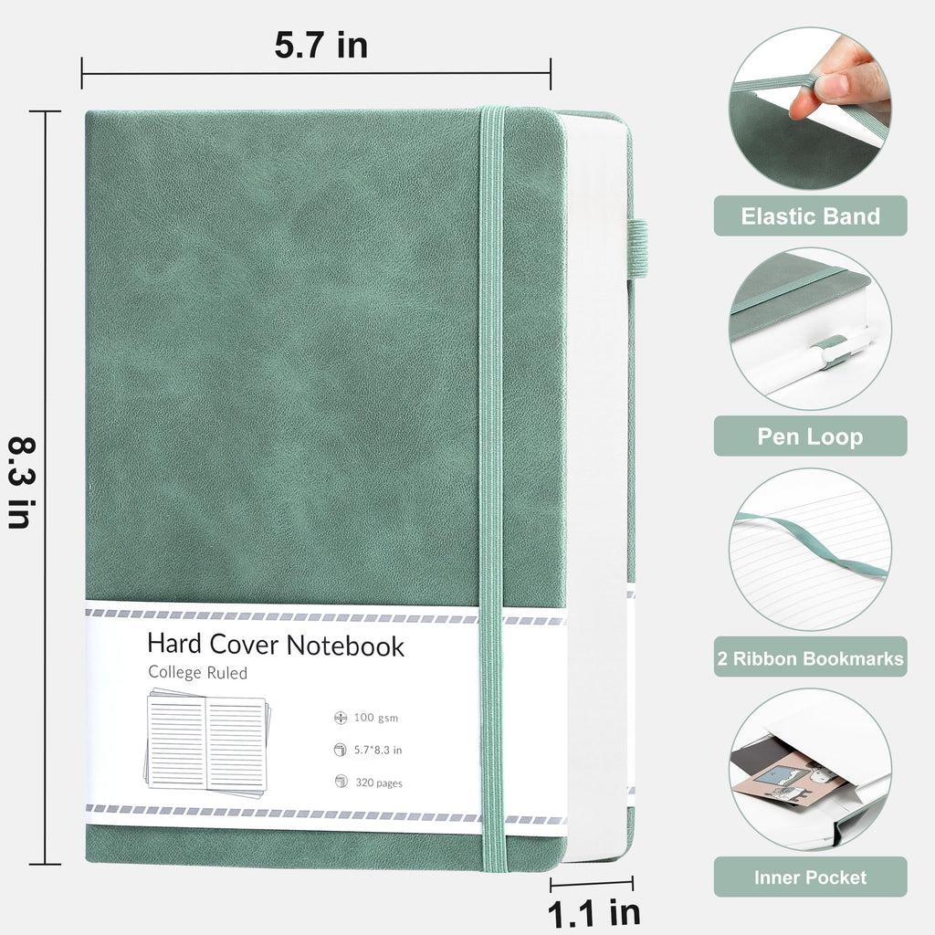 CAGIE Journal Notebook for Women Men Leather Journaling Notebooks Diary A5 | 320 Pages 100 Gsm Paper, Hardcover Lined Daily Journals for Writing Work Travel Business Gift, Green, 5.7 x 8.3 in, Lay Flat