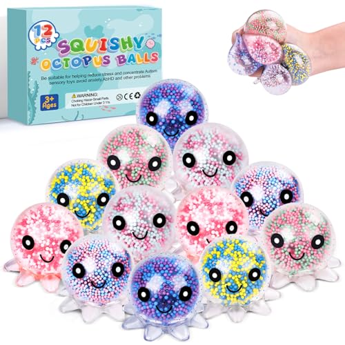 VESPRO 12 Pack Fidget Stress Balls for Adults, Cute Octopus Stress Ball | Features a soft, squeezable texture, Bulk Squishy Squeeze Ball Toys Set for Classroom Prizes and Birthday Party Favors