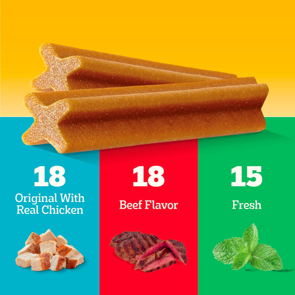 Pedigree Dentastix Large Breed Dental Dog Treats, Variety, 51 Count | Original Chicken, Beef, and Fresh flavors, reduces plaque and tartar buildup, cleans teeth, freshens breath, for dogs 40+ lbs