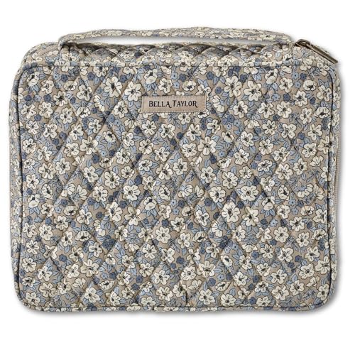 Bella Taylor Bible Cover, Quilted Bible Case, Khaki Floral | For 7 x 10" study Bibles, 3 interior/1 exterior pocket, 2 penloops, bookmark, durable quilted cotton, wraparound zipper