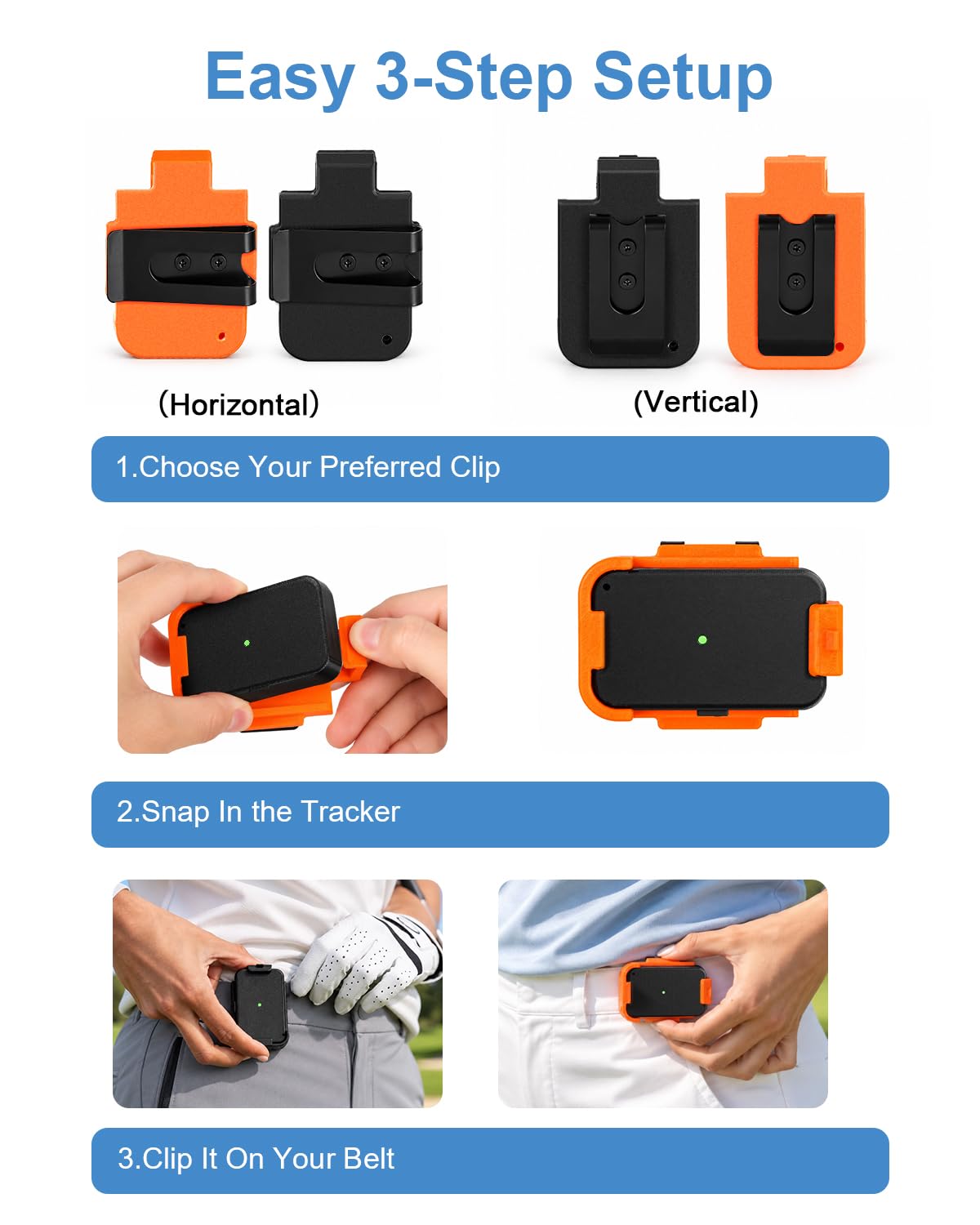 4-Pack Belt Clips Compatible with Arccos Air & Link Pro Golf Trackers | 2 Vertical & 2 Horizontal Portable Clips, Black & Orange