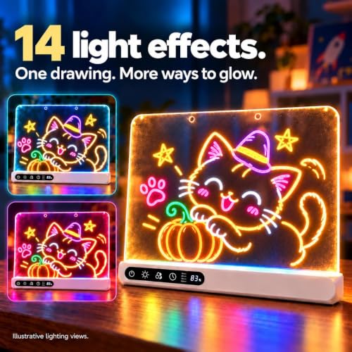 Cordless 16" LED Drawing Board for Kids | Wall Mountable Tabletop, Rechargeable Glow Doodle Note Board, 14 Light Effects, 7 Markers