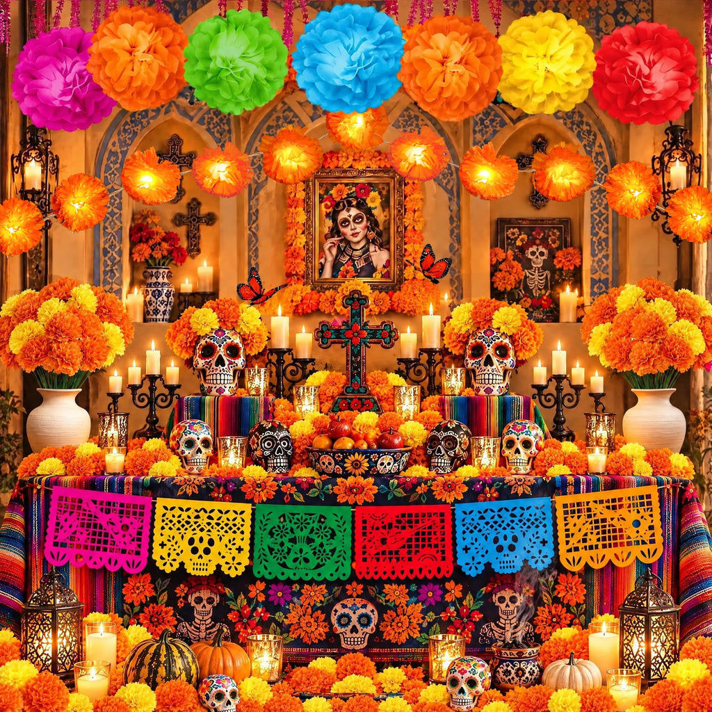 132Pcs Day of The Dead Decor Kit Dia De Los Muertos Decorations Altar Decor | Marigold Garland Light 9 Papel Picado Banners 7 Paper Flowers 50 Marigold Flowers with 50 Stems 15 Butterflies for Diwali