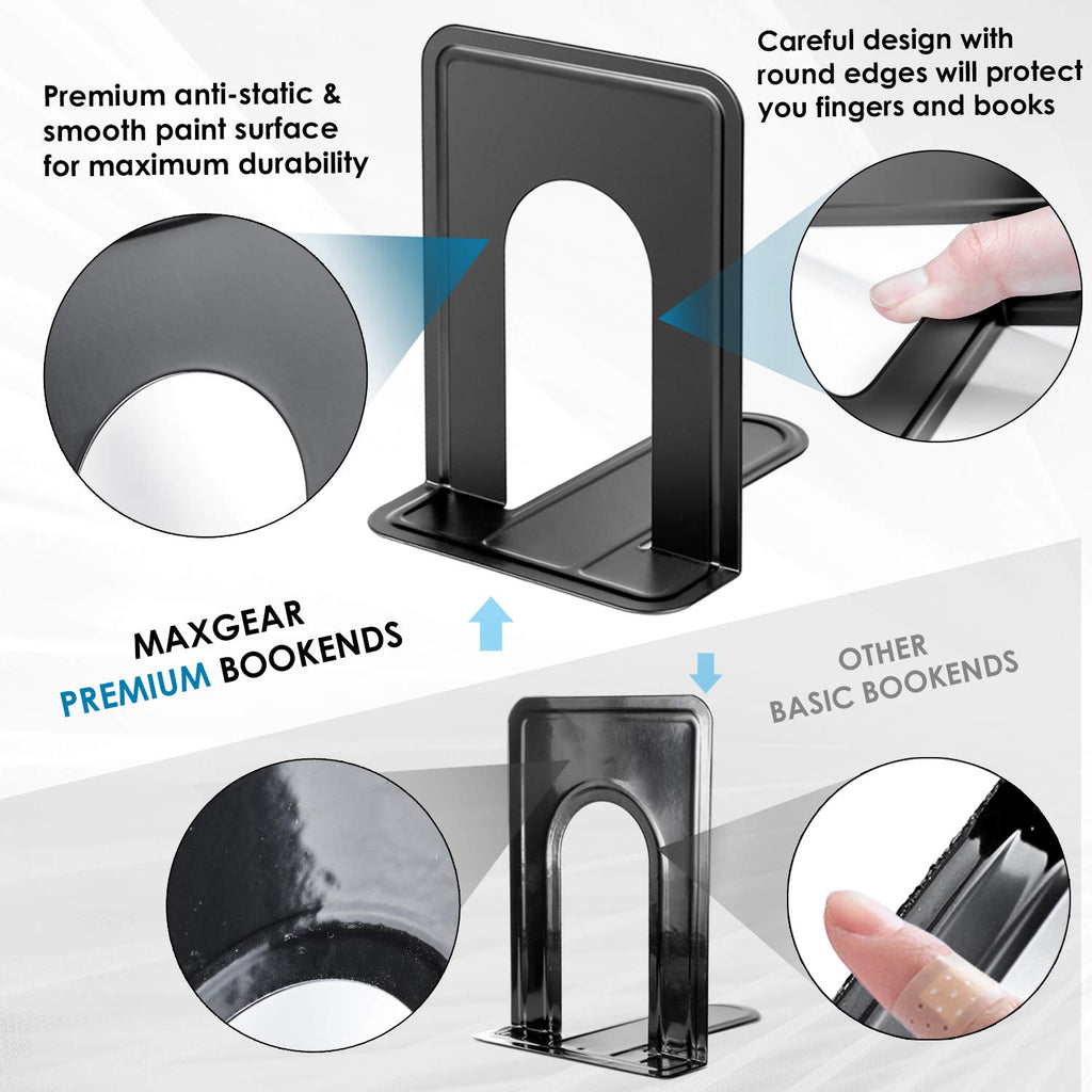 MaxGear Matte Painted Book Ends, Heavy Duty and Sturdy Bookends for Shelves | Office Non-Skid Metal Book End Stopper for Books/CDs/DVDs, 6 x 4.6 x 6 in, Black, 2 Pairs/4 Pieces, Large
