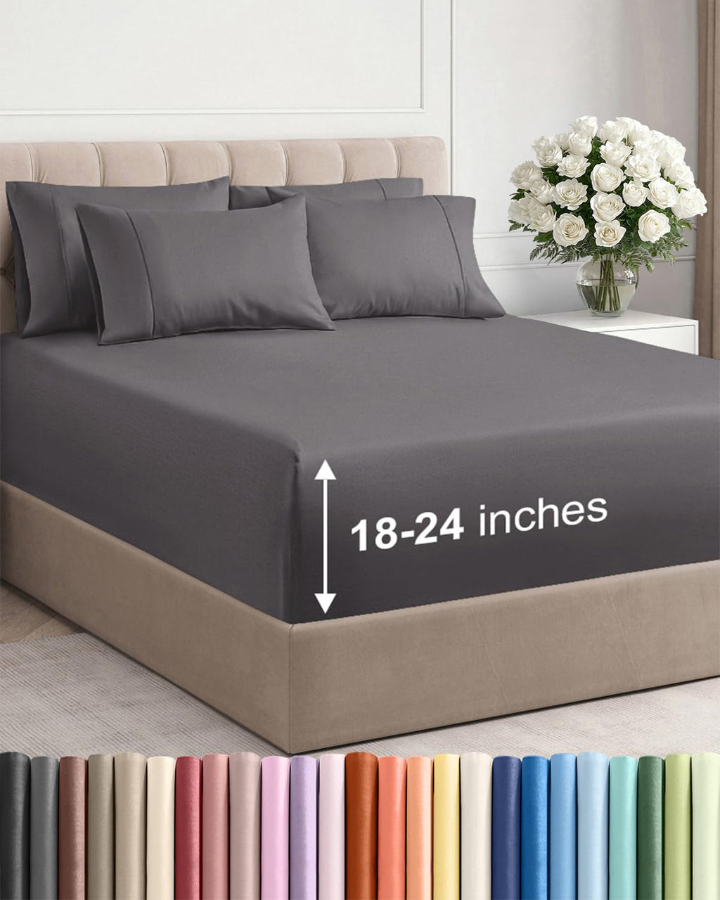 CGK Extra Deep Queen Sheet Set - 6pc Cooling Sheets - Grey | Hotel Luxury Bed Sheets Set, Easy & Secure Fit, Ultra-Soft, Wrinkle & Fade Free, Comfy Sheets Set with Extra Deep Pockets