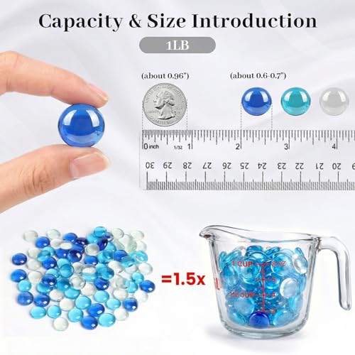 FuturePlusX 1 LB Mixed Blue Glass Beads, Flat Marbles for Vase Fillers | Decorative Glass Pebbles, Rocks Fish Tank Aquarium Decor, Table Scatter and DIY Crafts