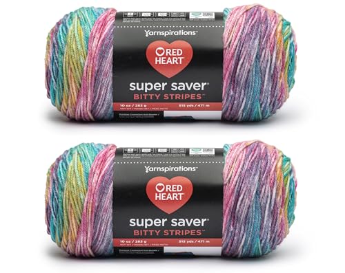 Red Heart Super Saver Bitty Stripes Crochet Yarn, Unicorn Mane, 2-Pack | #4 Medium Worsted 100% Acrylic Self-Striping Yarn for Knitting, Blankets, Hats, Scarves, and Sweaters, 515 yards, 283g/10oz