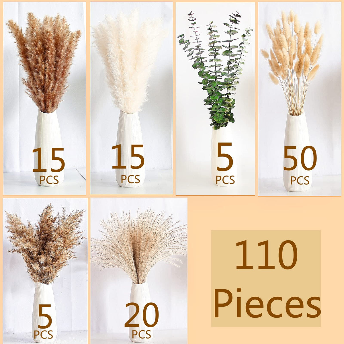 110 PCS of Boho Pampas Grass Decor, Naturally Dried Pompas, Bunny Tails Dried Flowers, and dried eucalyptus. Perfect for Weddings, Boho Party Decorations, and Table Decor.