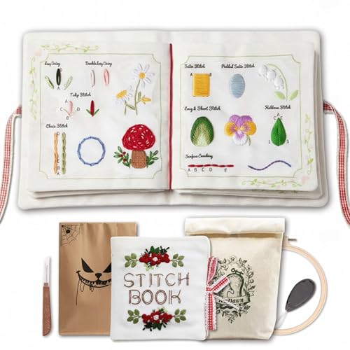 TenDawn Embroidery Stitch Book Kit for Beginners, 32 Essential Stitches | Structured Learning Order for Adults, DIY Sewing Kit with Floral Motifs, Practice Patterns