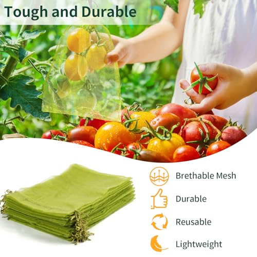 50 Pcs Fruit Protection Bags, 6×9 in Mesh Cover Nets for Tree, Green | Drawstring Netting, Protect Fruits, Dense Fine Mesh, for Vegetables Strawberry Tomato Garden, Reusable and Soft